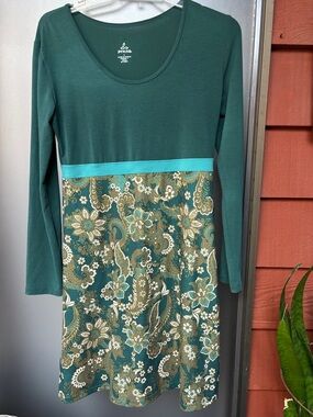 Prana Teal/PaisleyLong Sleeve Dress with Aqua Empire Waistband - size L